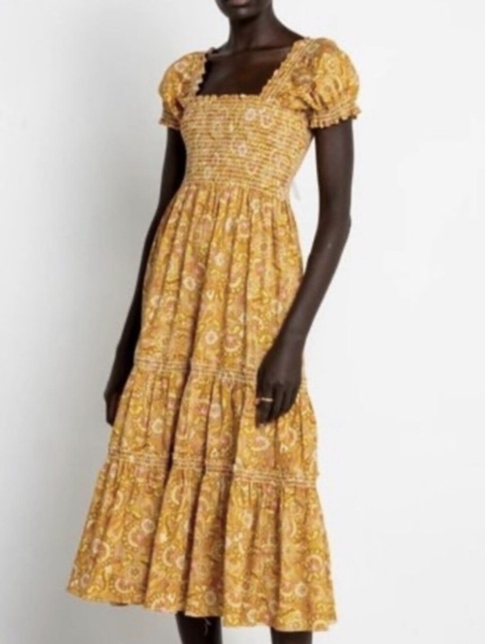 XXS/XS O.P.T. Daphne Floral Paisley Print Smocked Bodice Cotton Midi Dress